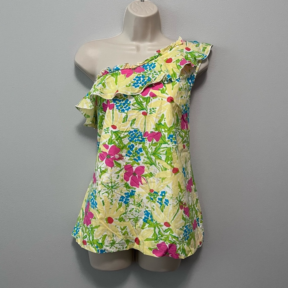 Lilly Pulitzer Floral One-Shoulder Blouse - Pink, Green, Blue